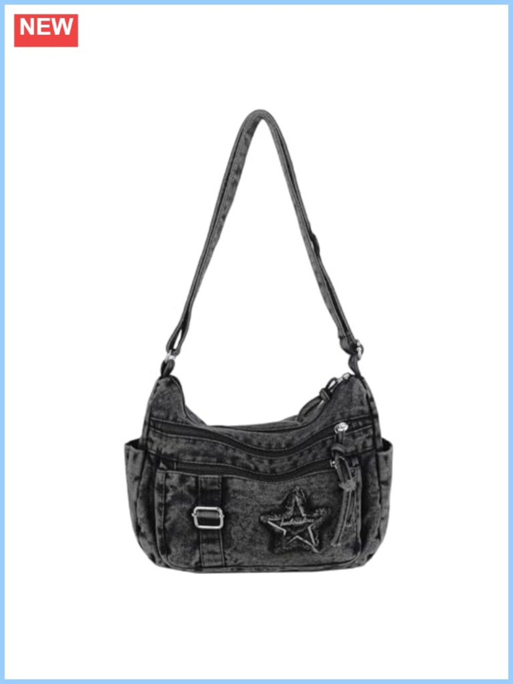 Y2K Denim Crossbody Bag Slouchy Crescent Shoulder Purse Star Patchwork Hobo